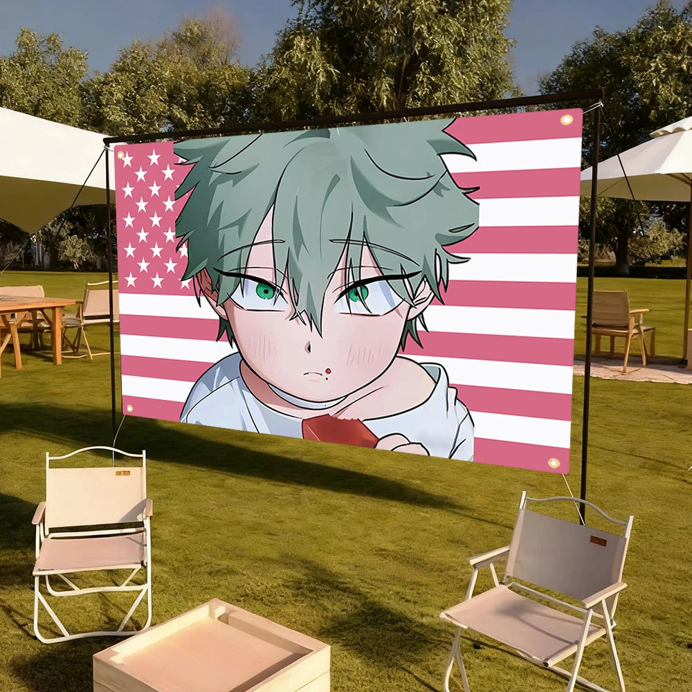écran projection moderne drapeau américain personnage animé vert rose blanc bleu