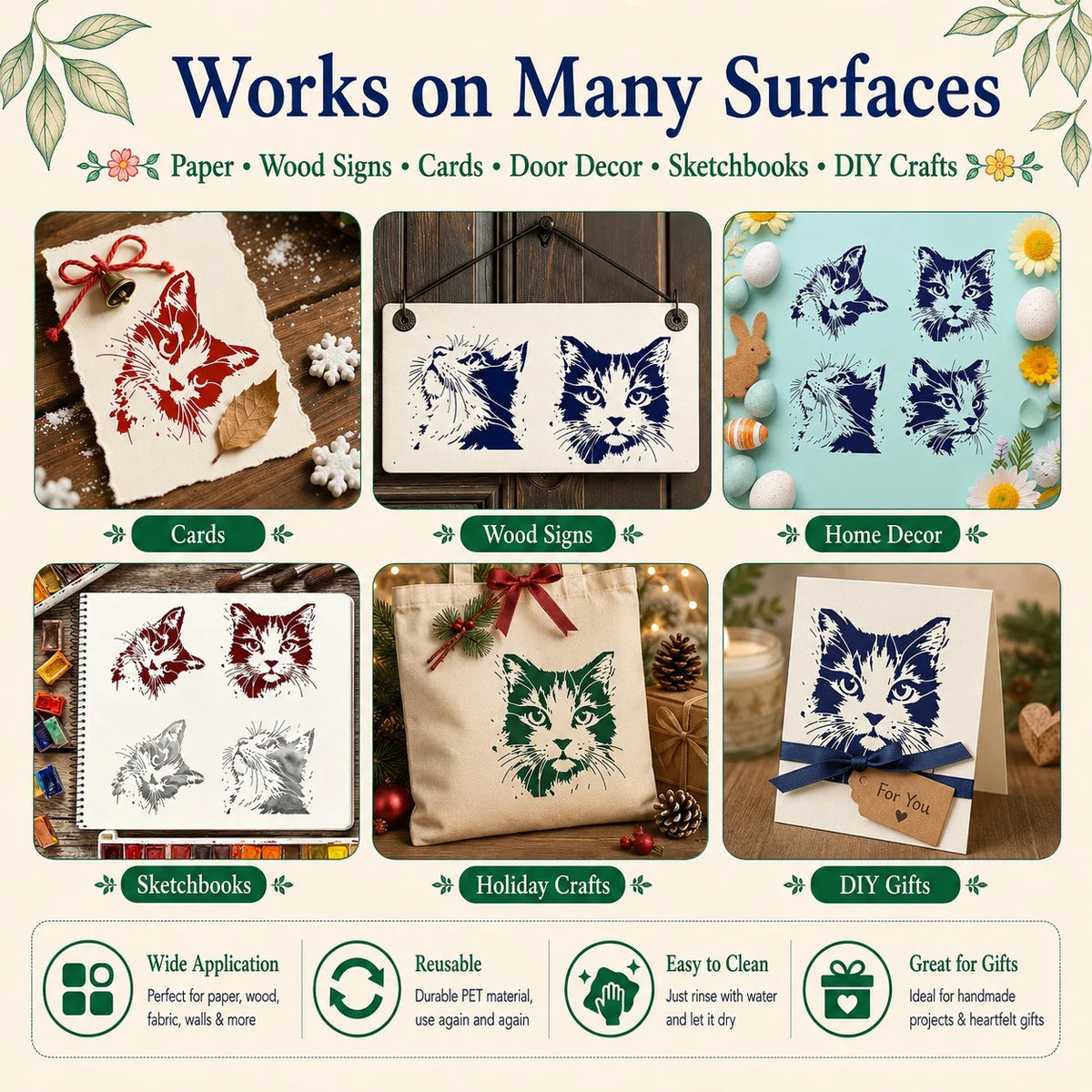stencils peinture motifs chats artisanal modernes adhésifs beige clair diy murs projets