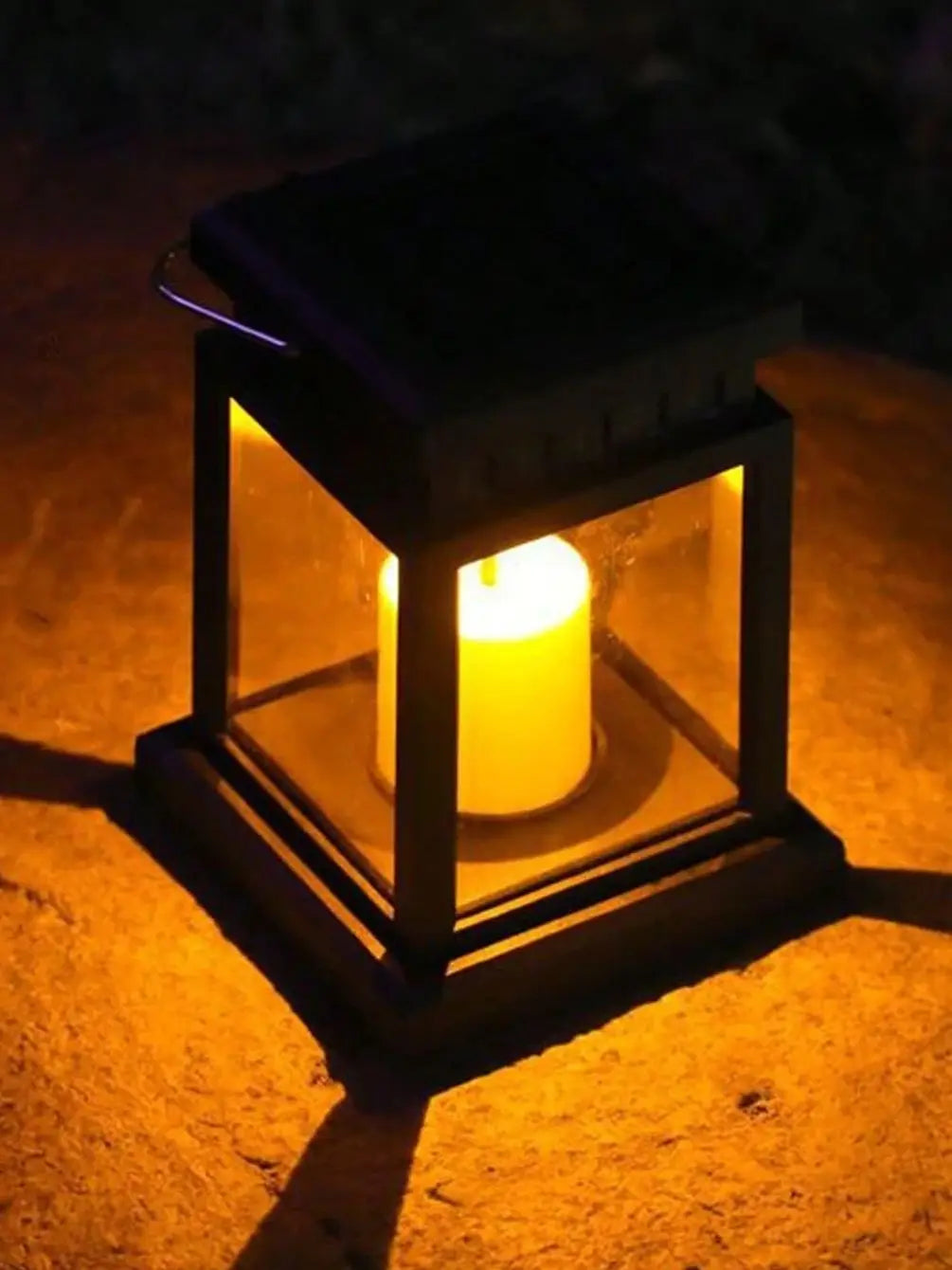 lanterne solaire transparente classique noir bougie led crochet sécurisé extérieur éclairage jardin lumière solaire