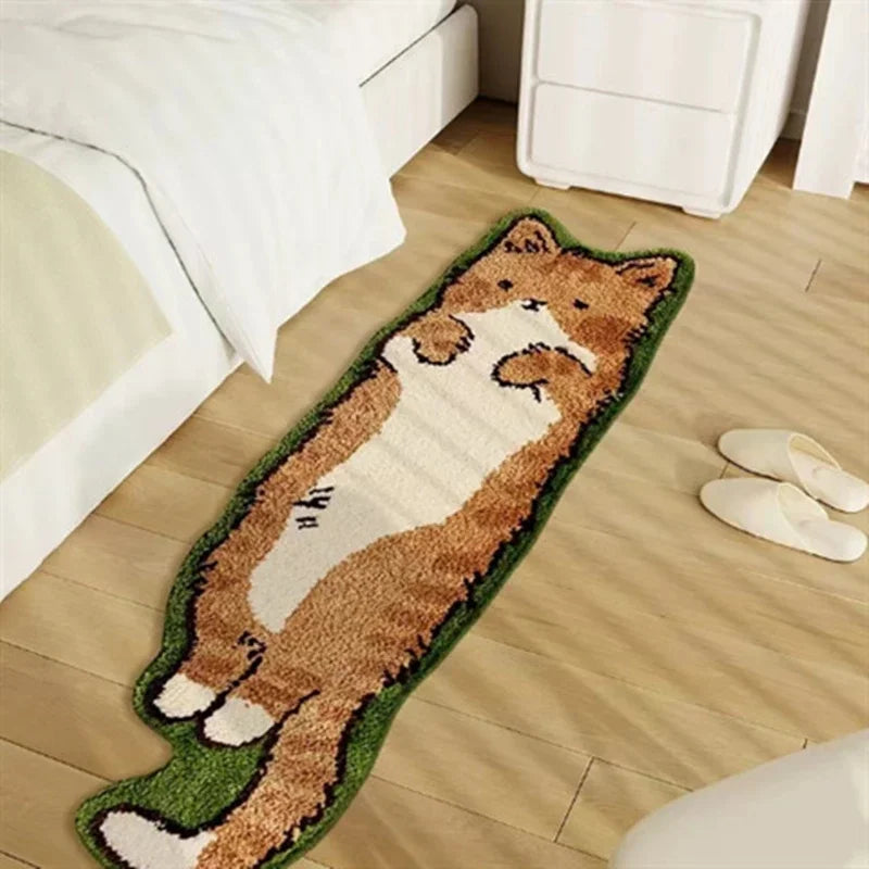 tapis chat poilu marron blanc vert noir ludique chambre enfant 40x120cm