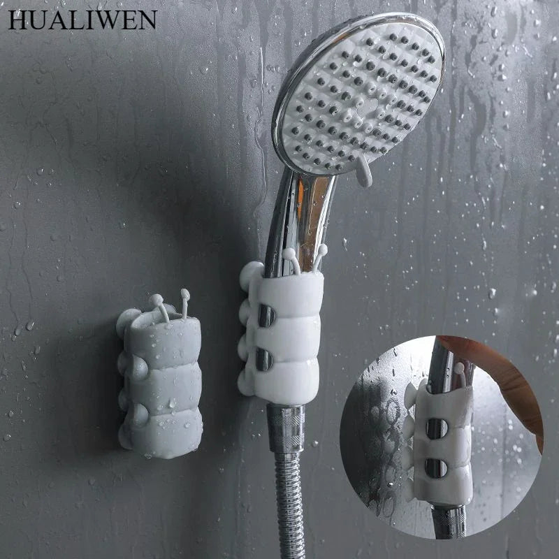 support pommeau douche silicone blanc gris clair moderne minimaliste adhésif flexible métallique rangement salle