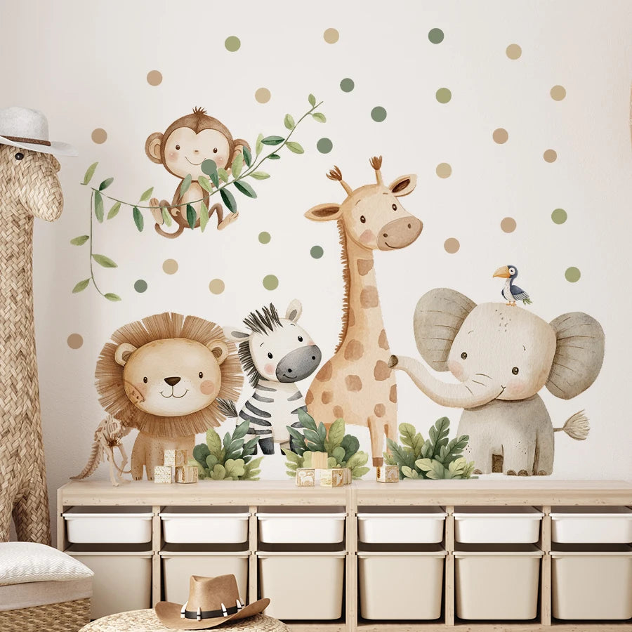 sticker mural animal dessin animé multicolore léopard girafe éléphant singe zèbre décoration enfant chambre