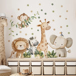 sticker mural animal dessin animé multicolore léopard girafe éléphant singe zèbre décoration enfant chambre