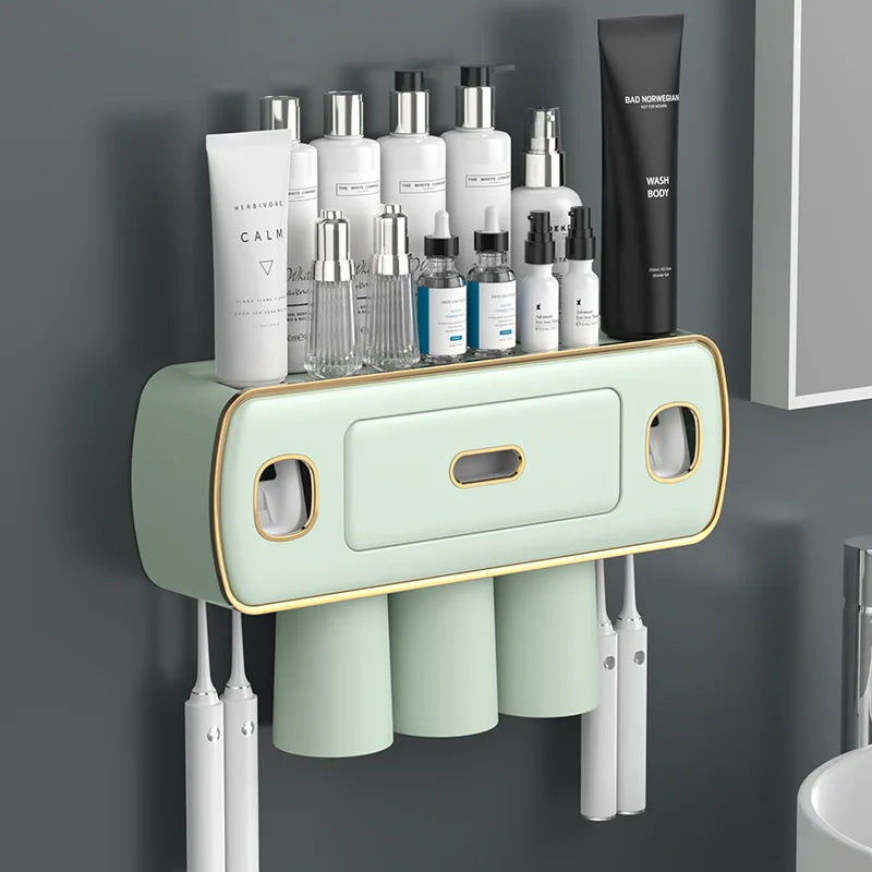 porte brosses dents adhésif moderne rangement dentifrice distributeur blanc or