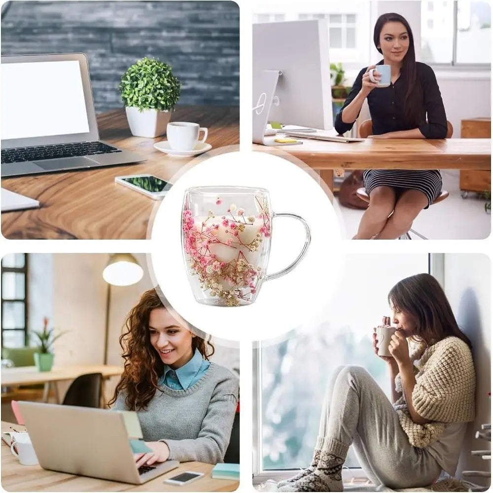 tasse verre double paroi fleurs séchées rose bleu moderne 350ml transparent