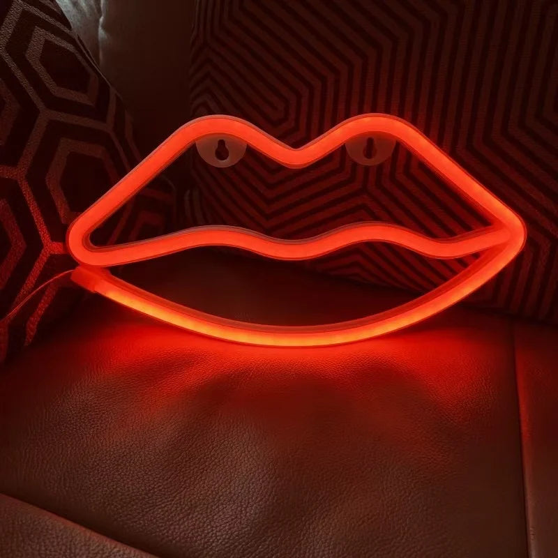 néon cœur forme lèvres motif langue rose rouge moderne lumineux décoration chambre salon fête