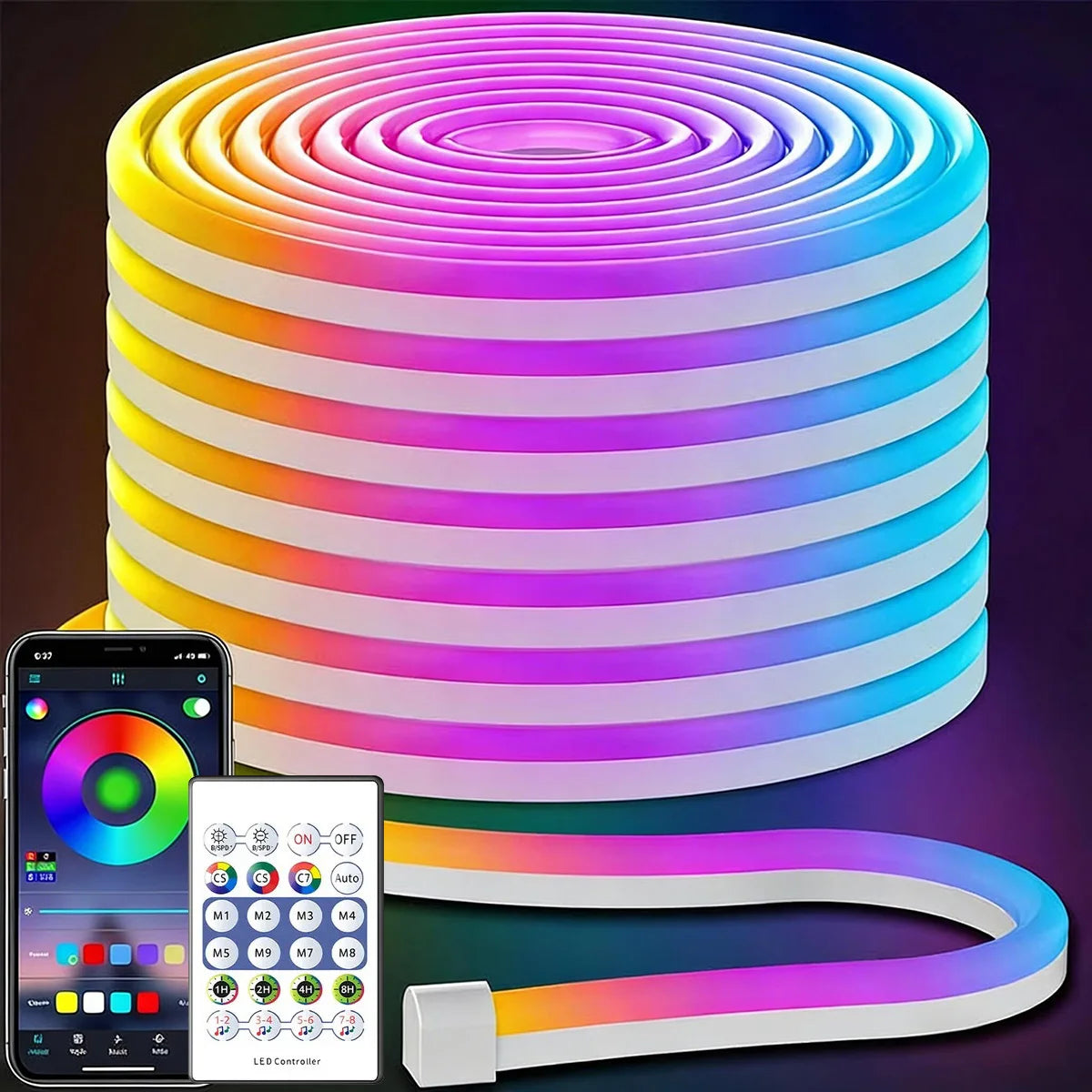ruban led néon multicolore bluetooth clips fixation application mobile synchronisation musicale décoration moderne lumières