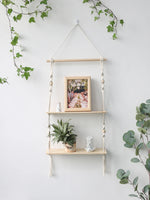étagères suspendues boho blanc macramé bois rustique anneaux métalliques chambre salon étude decoration cadeau