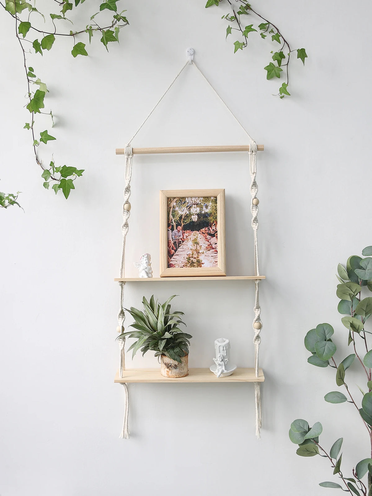 étagères suspendues boho blanc macramé bois rustique anneaux métalliques chambre salon étude decoration cadeau