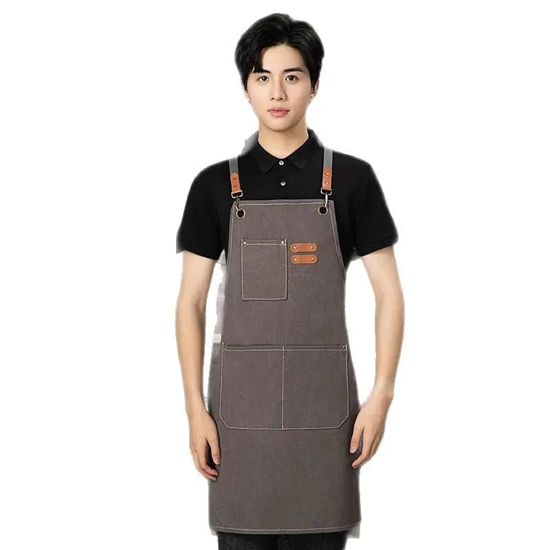 tablier professionnel coton toile épaisse gris noir marron coutures contrastantes réglables poches utilitaire