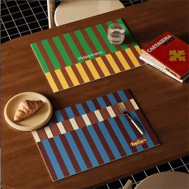 tapis table moderne rayures horizontales vert marron bleu beige respectueux environnement