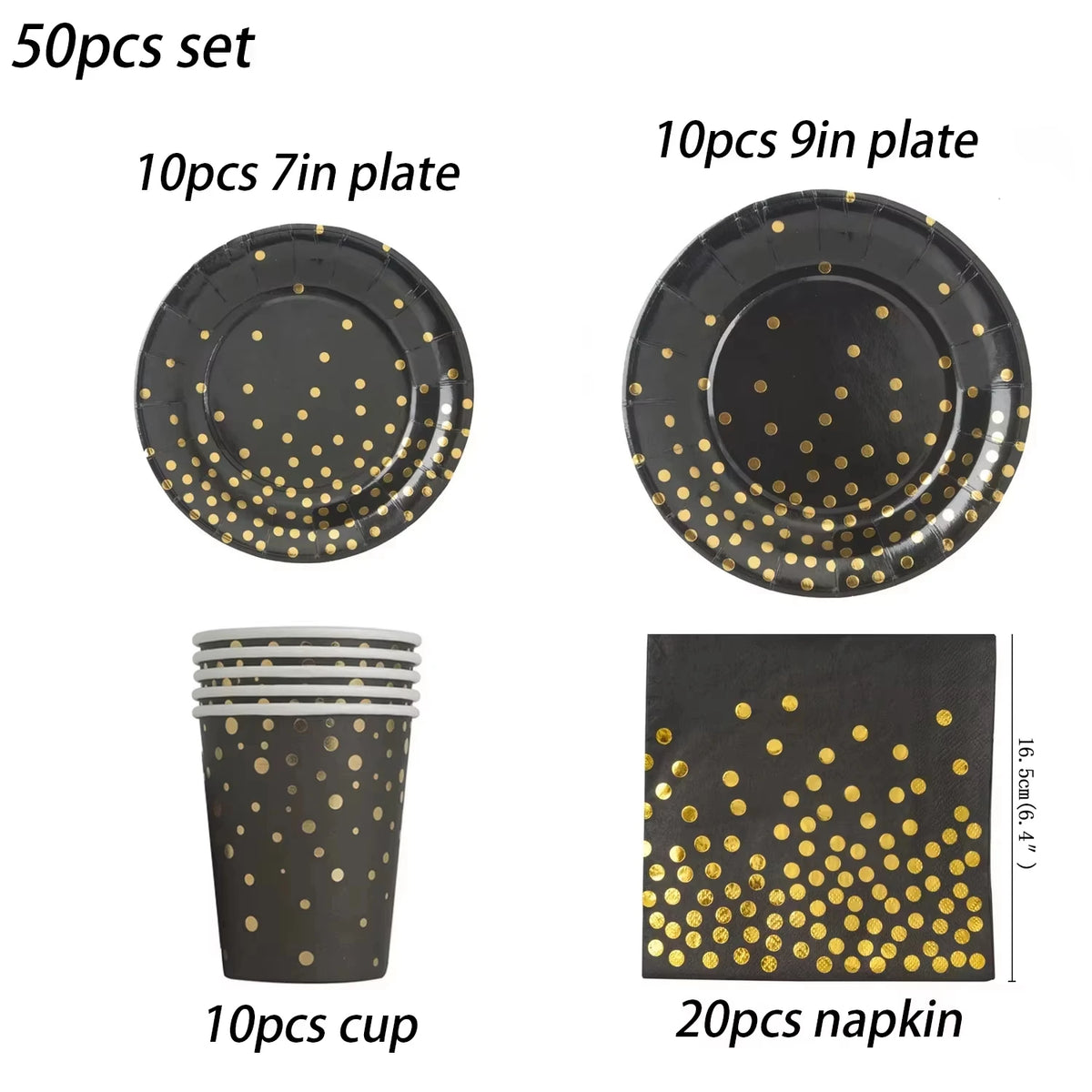 assiettes pois dorés noires gobelets serviettes tablecloth fête anniversaire mariage nouveauannée
