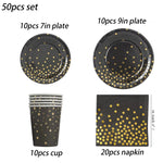 assiettes pois dorés noires gobelets serviettes tablecloth fête anniversaire mariage nouveauannée