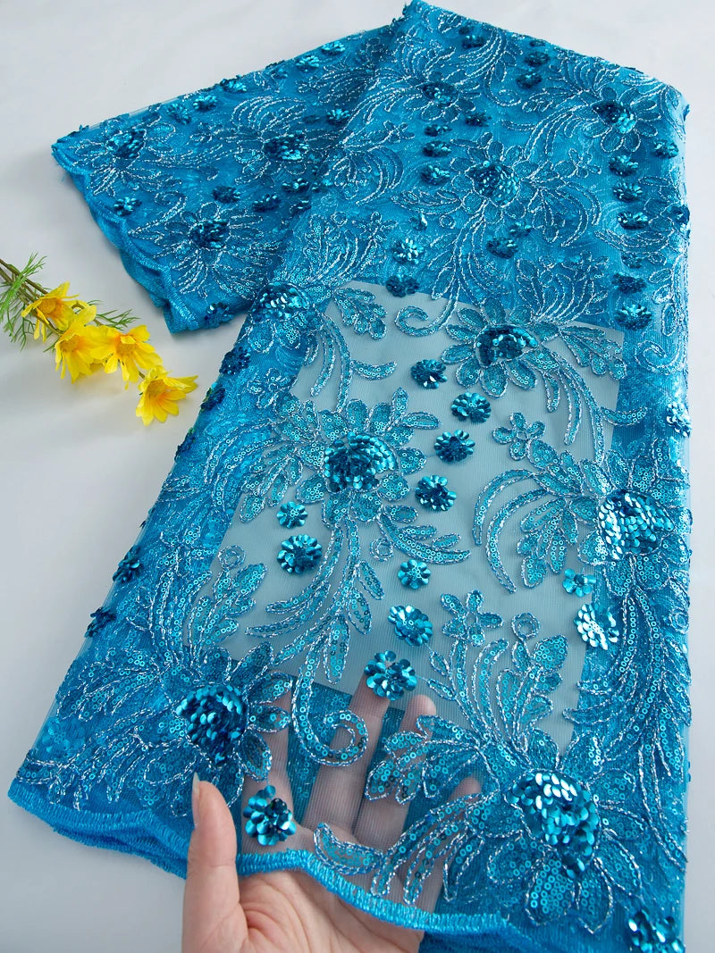 tissu polyester floral pailleté orange doré bleu vert translucide brodé party wedding prom dress
