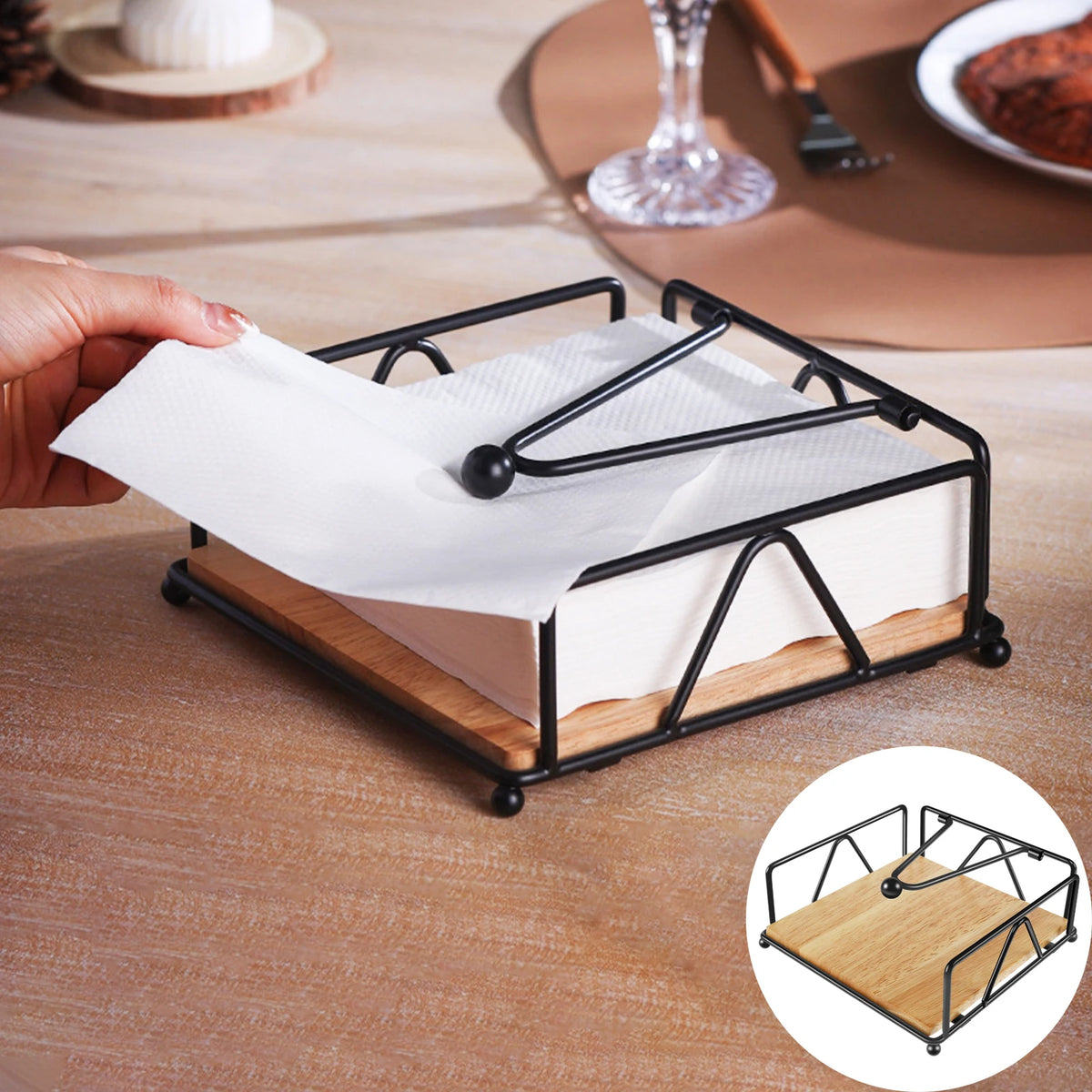 porte serviettes industriel moderne noir blanc serviettes blanches plissées support bois naturel roulettes métal
