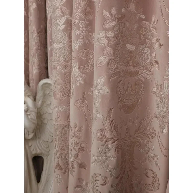 rideau velours rose pâle broderie florale classique occultant salon chambre maison luxe