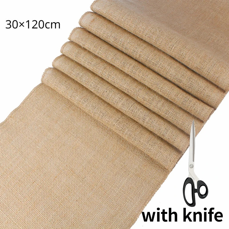 nappes table jute naturelle rustique beige marron blanc texture grossière événements mariage décoration chaises