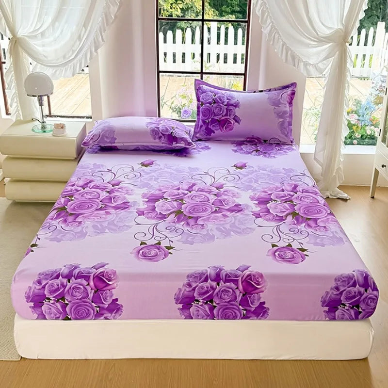 drap lit moderne violet blanc motifs roses floral taille 120x200 150x200 180x200 200x220 90x200