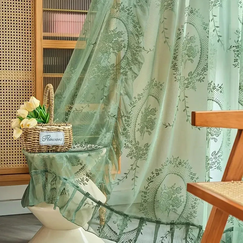 rideau floral vintage polyester translucide salon blanc vert