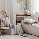 coussin moderne rayé 30x90cm pompons dorés bohème arc ciel pastel