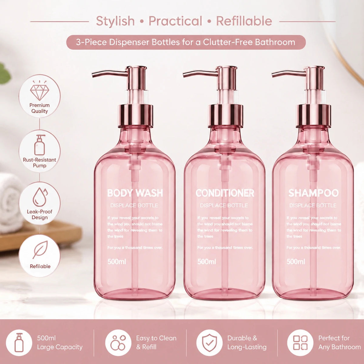distributeurs douche rose verre texturé moderne ensemble salle bain 500ml translucent