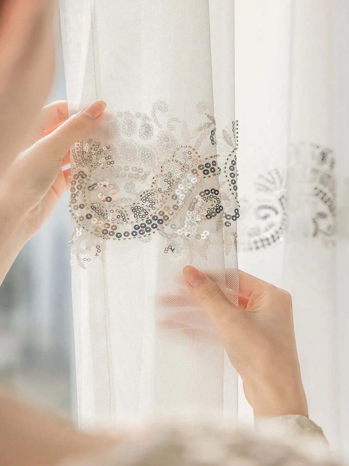 rideau blanc transparent brodé sequins classique chambre salon polyester