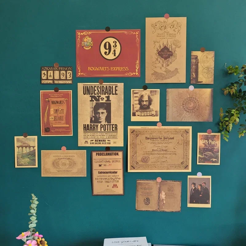 affiches murales vintage harry potter marron clair beige rouge papier journal clips