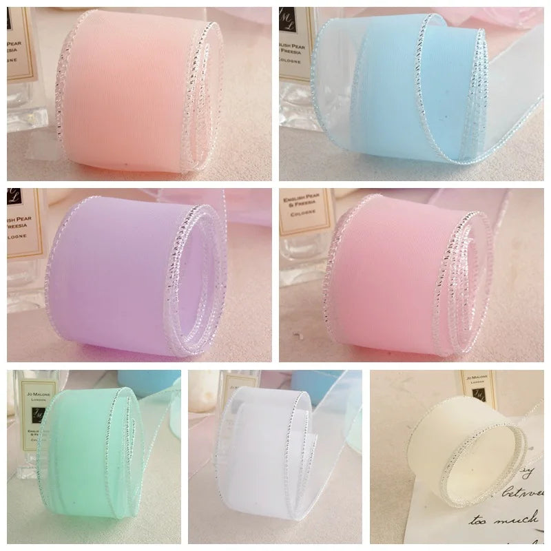ruban polyester bordure brillante élégant semi transparent couleur unie rose clair bleu clair violet