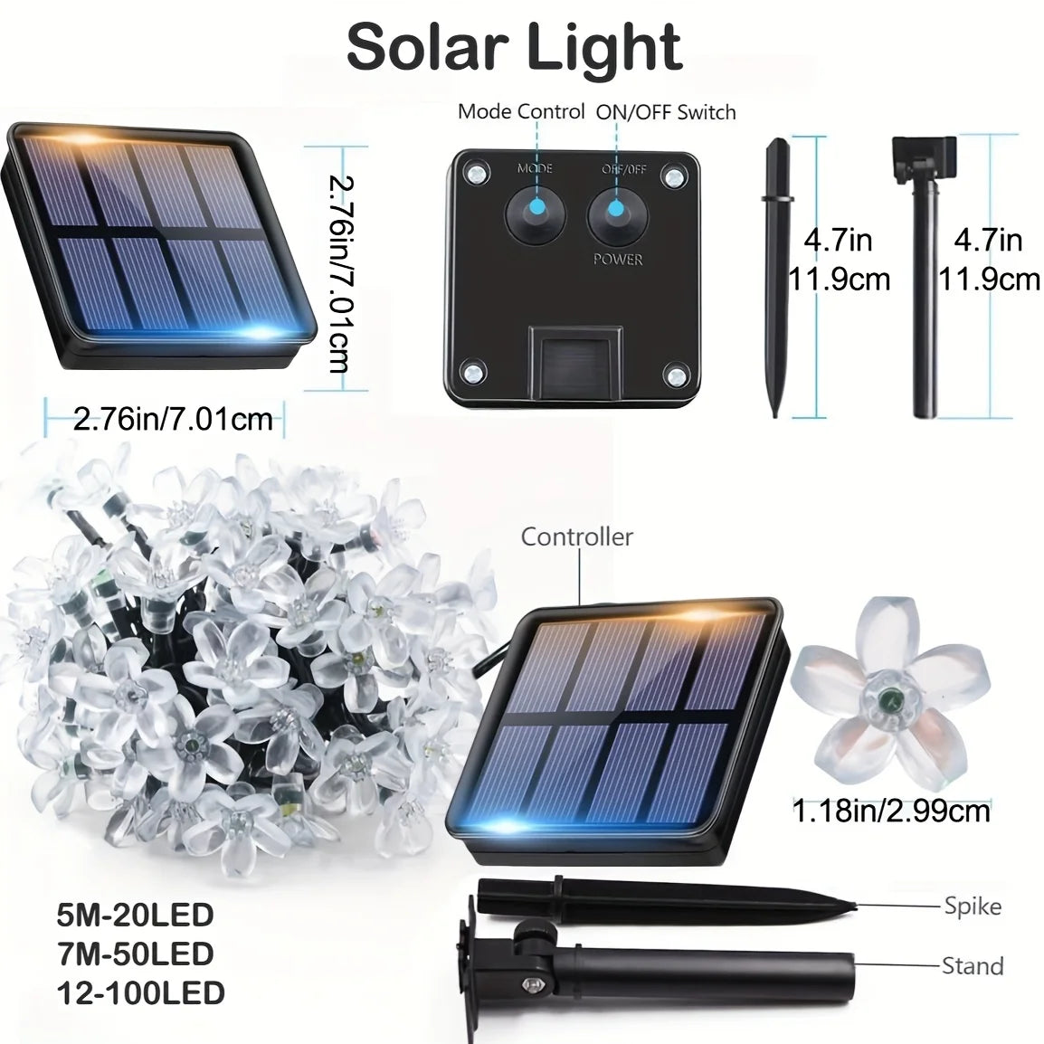 guirlande lumineuse solaire fleurs blanc doré 5m 20leds 7m 50leds moderne