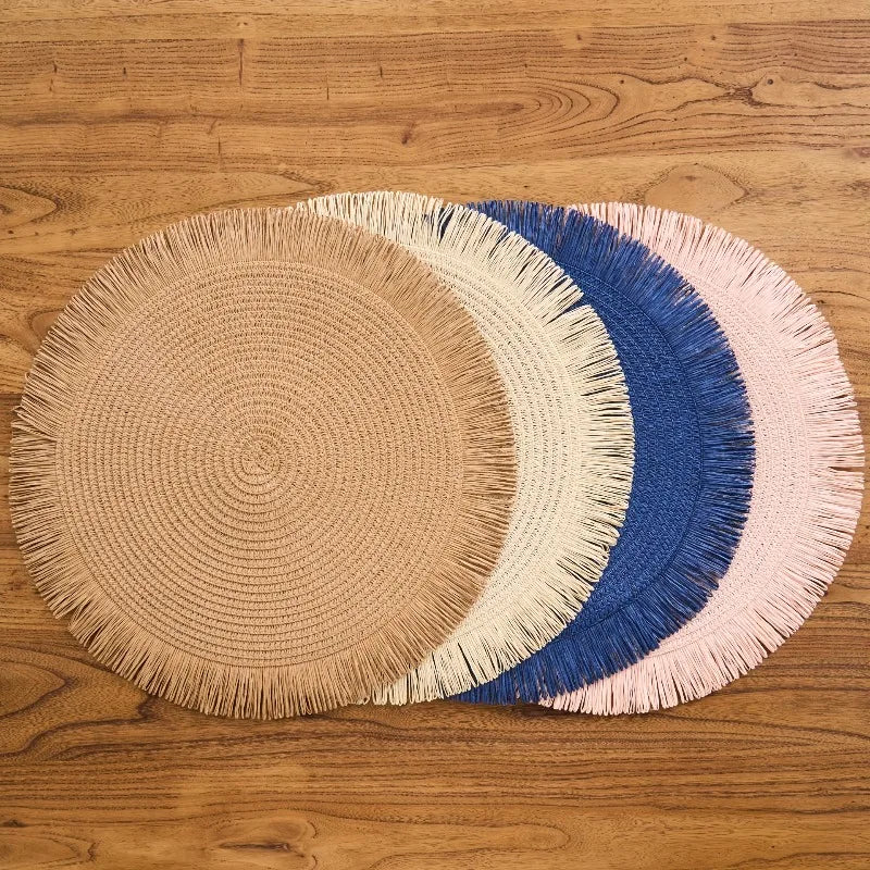 tapis table rustique boho chic spirale tissu franges beige rose bleu marine