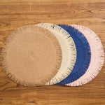 tapis table rustique boho chic spirale tissu franges beige rose bleu marine
