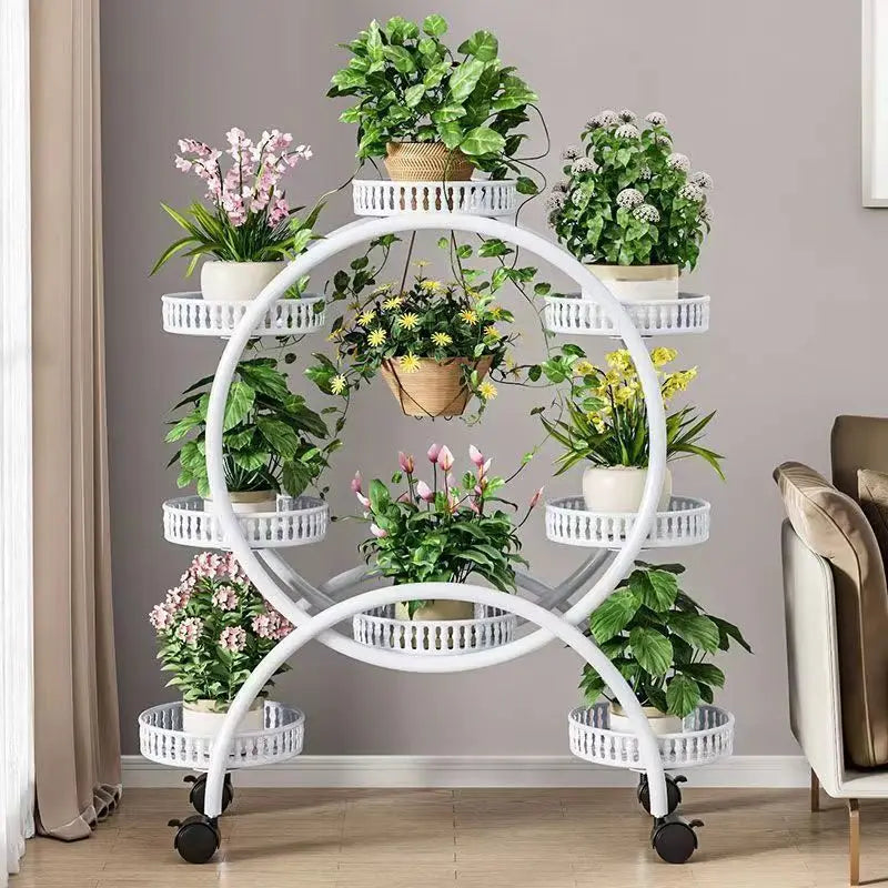 meuble plantes moderne blanc marron doré ajouré barreaux verticaux roulette grille bord relevé