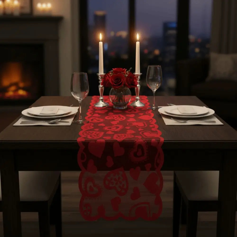 table runner rouge blanc coeurs transparents décoration valentin romantique table longue transparente motifs ajourés
