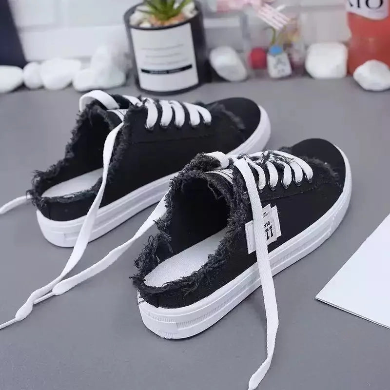 chaussures plates femmes toile bleu clair franges décontractées lacets blanc noir casual