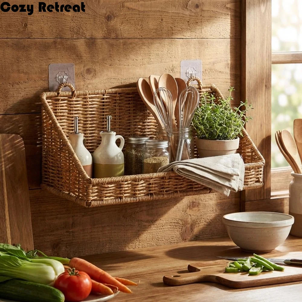 paniers rotin tressés naturel boho chic clips adhésifs serviettes cuillères citrons herbes pots tasses