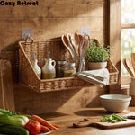 paniers rotin tressés naturel boho chic clips adhésifs serviettes cuillères citrons herbes pots tasses