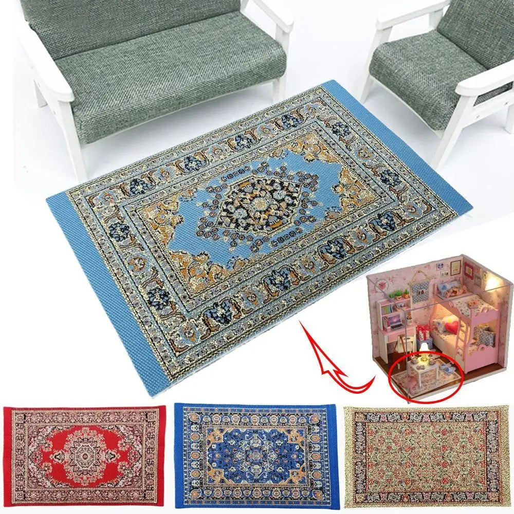 petit tapis miniature maison poupee turc motif geometrique decoratif tissu rouge bleu