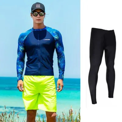 maillot surf homme polyester bleu marine feuilles vertes zip sportif moderne jaune fluo lunettes
