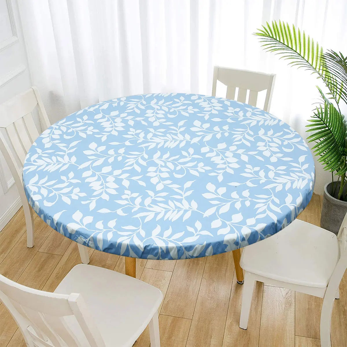 nappe table élégante imperméable pvc feuilles blanches bleu clair 90cm 110cm 140cm elasticée moderne