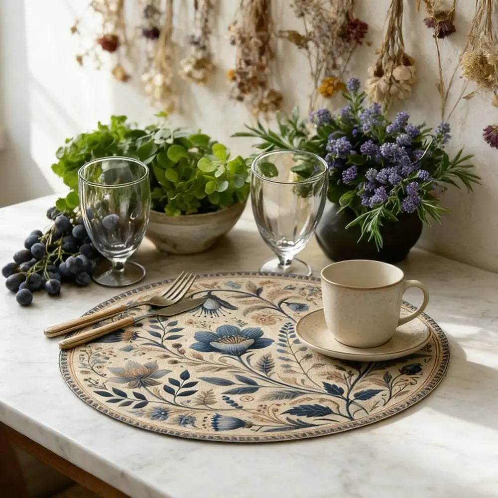 placemat classique floral beige bleu table salle manger anti dérapant 35cm traditionnel