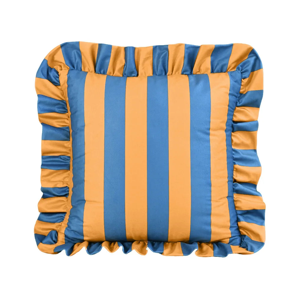 taies d'oreiller carrées rayures bleues blanches velours moderne fixation décoration canapé chambre sofa