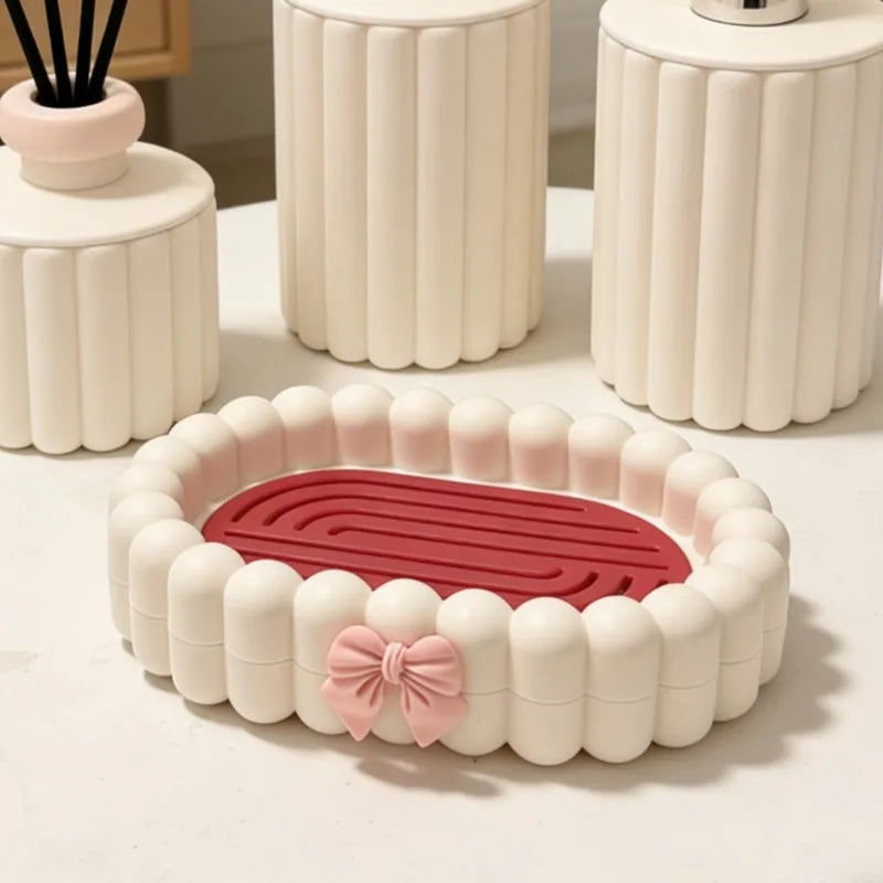 support savon blanc rose moderne nœud boudiné double couche drainage salle bain