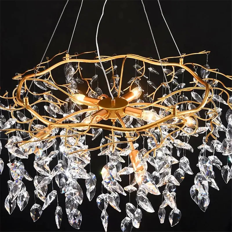 lustre moderne pendentif cristal doré feuilles stylisées led salon chambre