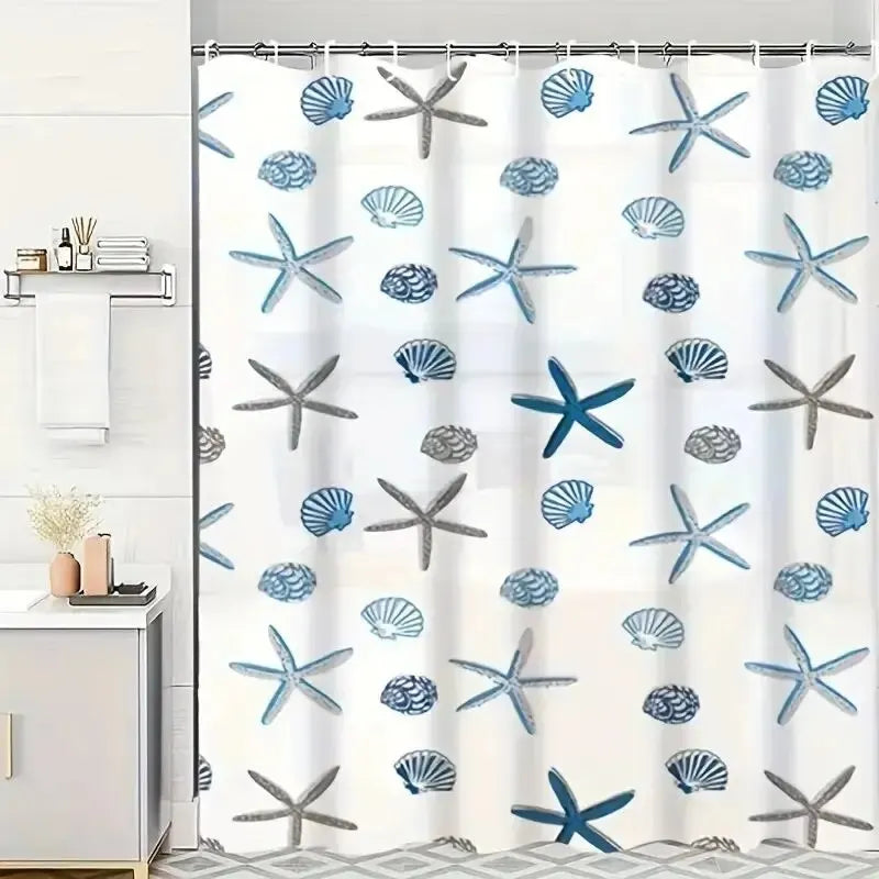 rideau douche semi transparent motifs coquillages étoiles mer blanc bleu gris crochet plastique decoration