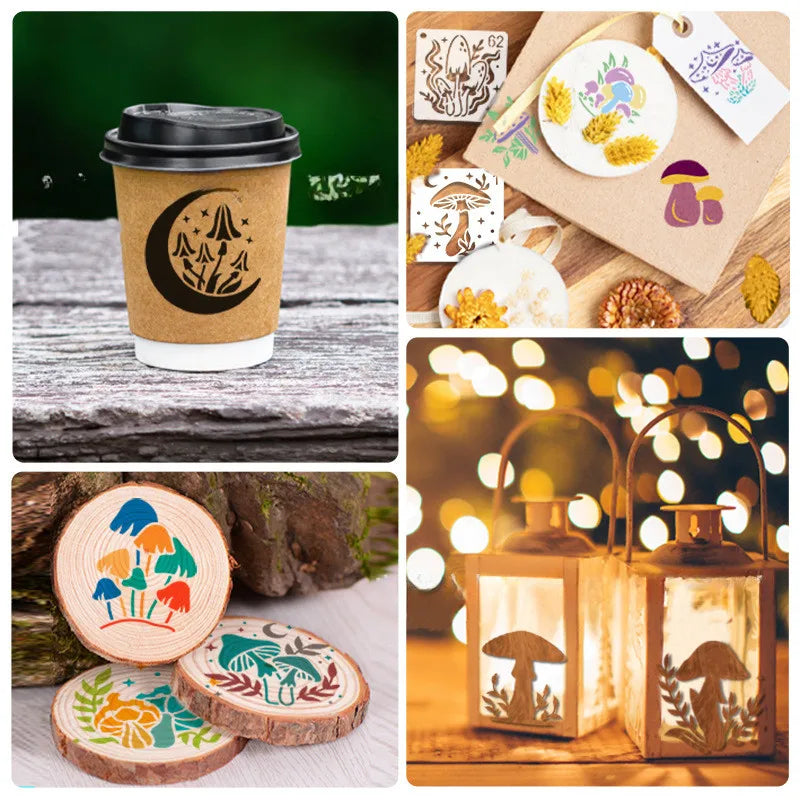 stencils pochoirs peinture tissu artisanat dessin motifs floraux champignons lunes étoiles