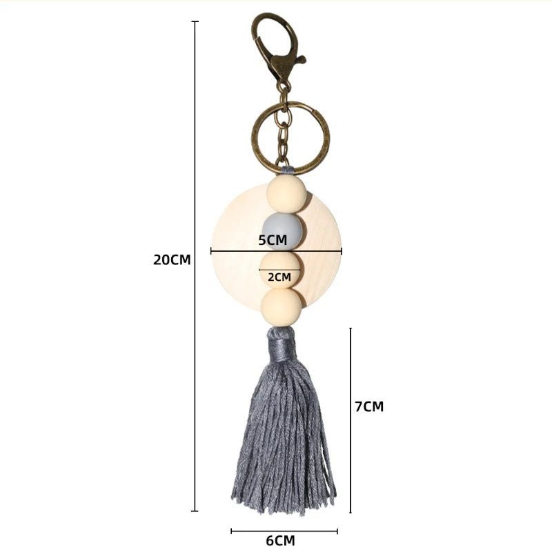 porte clés boho chic rondes frange bois blanc gris beige marronclair