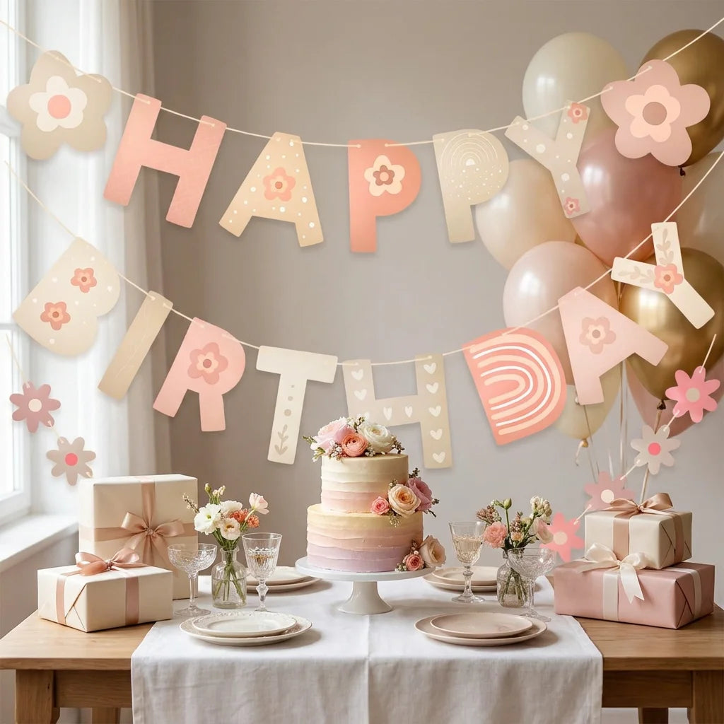 décoration murale guirlande fleurs lettres happy birthday motif floral occasion fête enfants anniversaire baptême