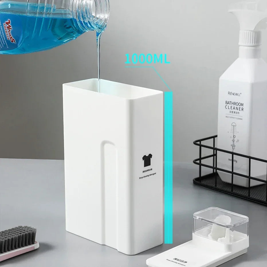 distributeur liquide lessive blanc moderne minimaliste rechargeable adhésif poignée grille dimensions buanderie salle bains