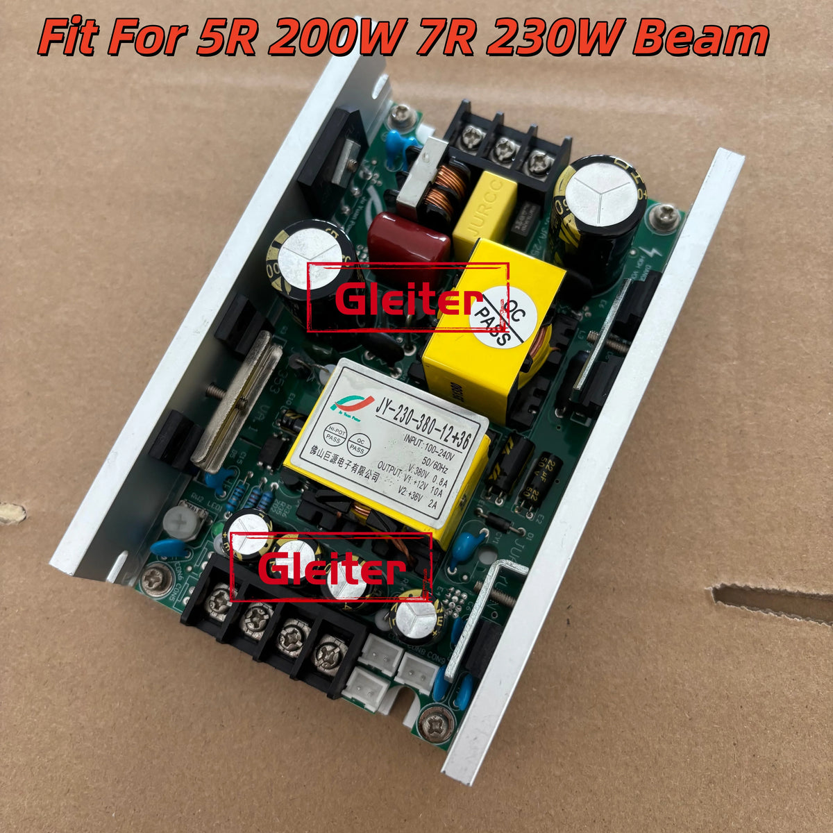 transformateurs alimentation projecteurs scène lampes faisceau mobiles circuits imprimés condensateurs bobines orangers grisés jaunes