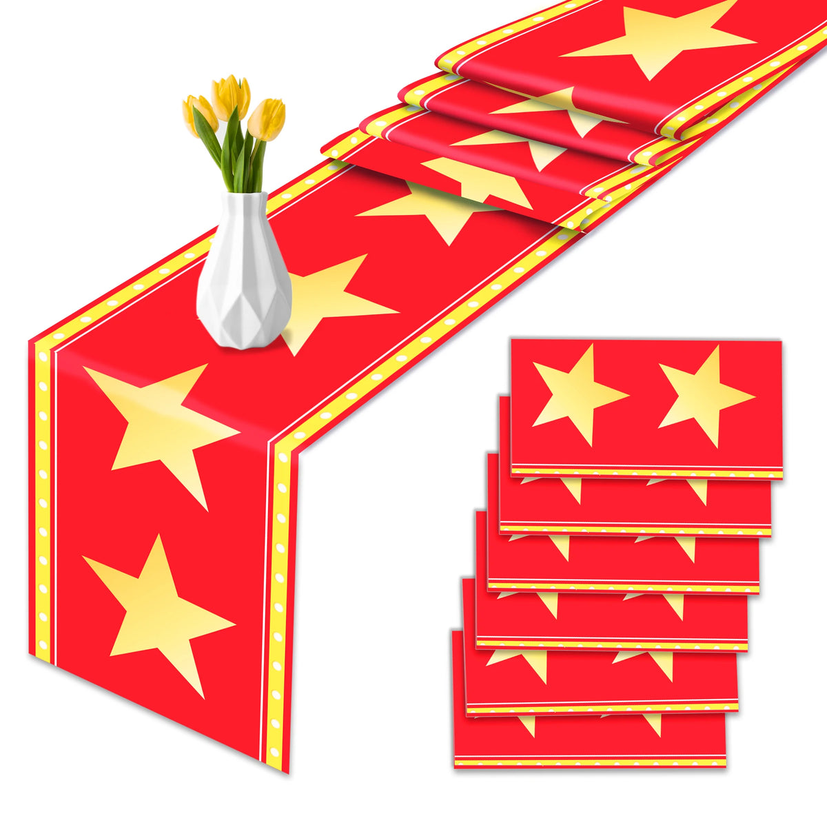 chemin table étoiles rouge jaune nappe festive anniversaire mariage décoration table serviettes motifs étoiles